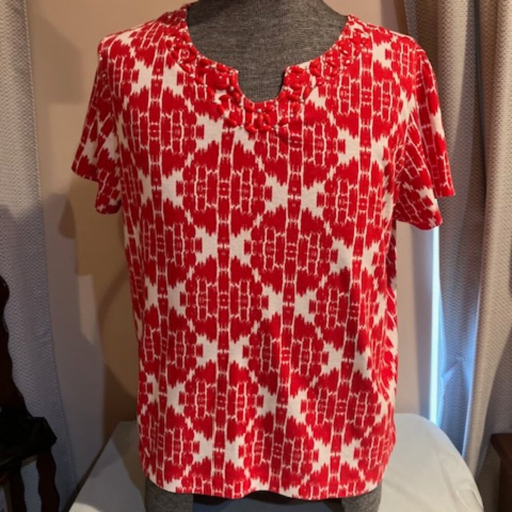 Rebecca‎ Malone Pullover Women's Blouse Red & White Petite XL Short Sleeves